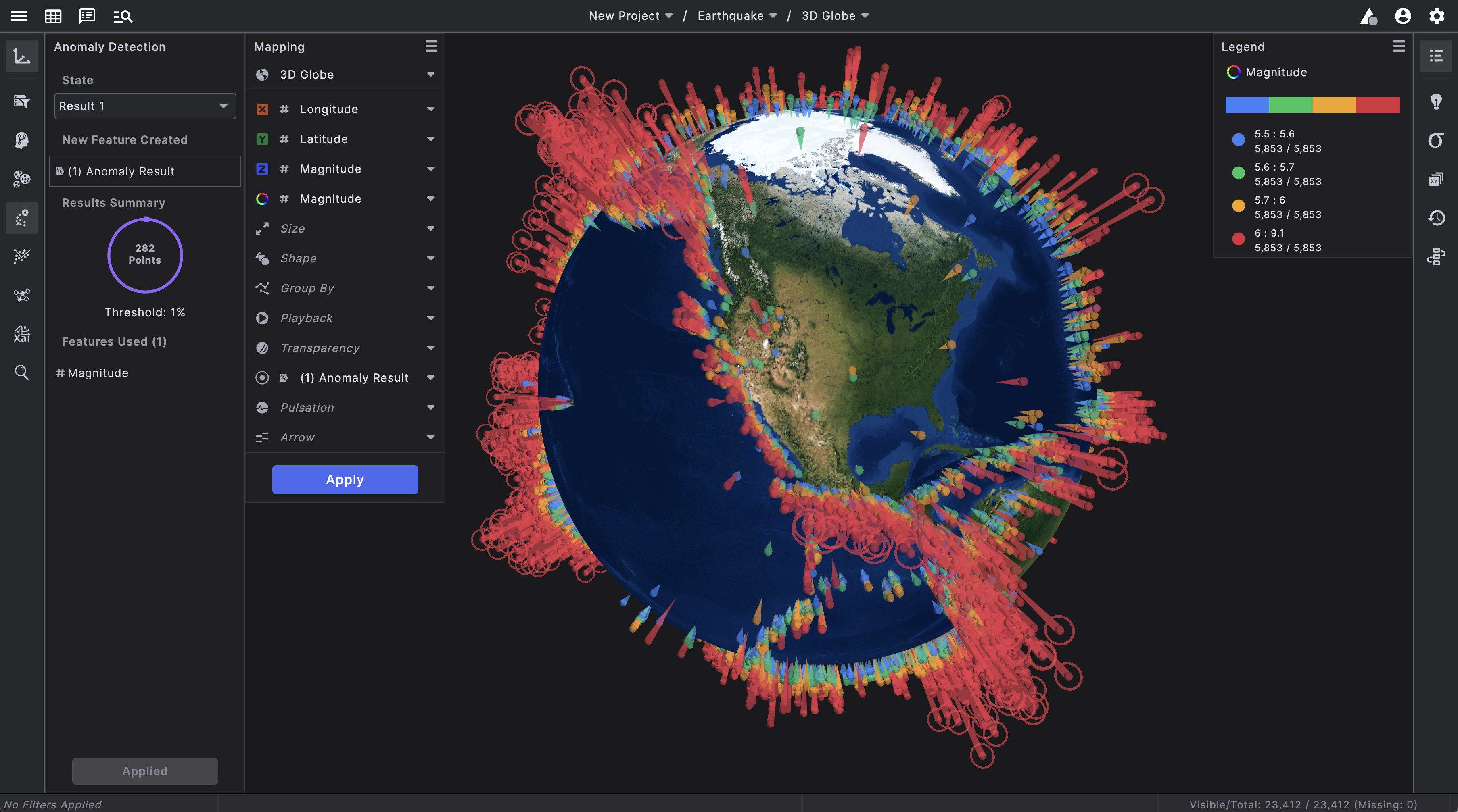 Example of Anomaly Detection running in Virtualitics Explore
