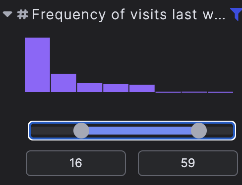 A 1D Histogram of a numerical feature with a slider under it