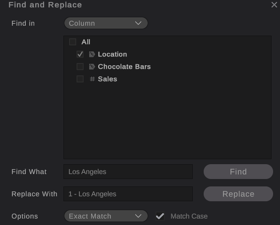 Find and replace tool window