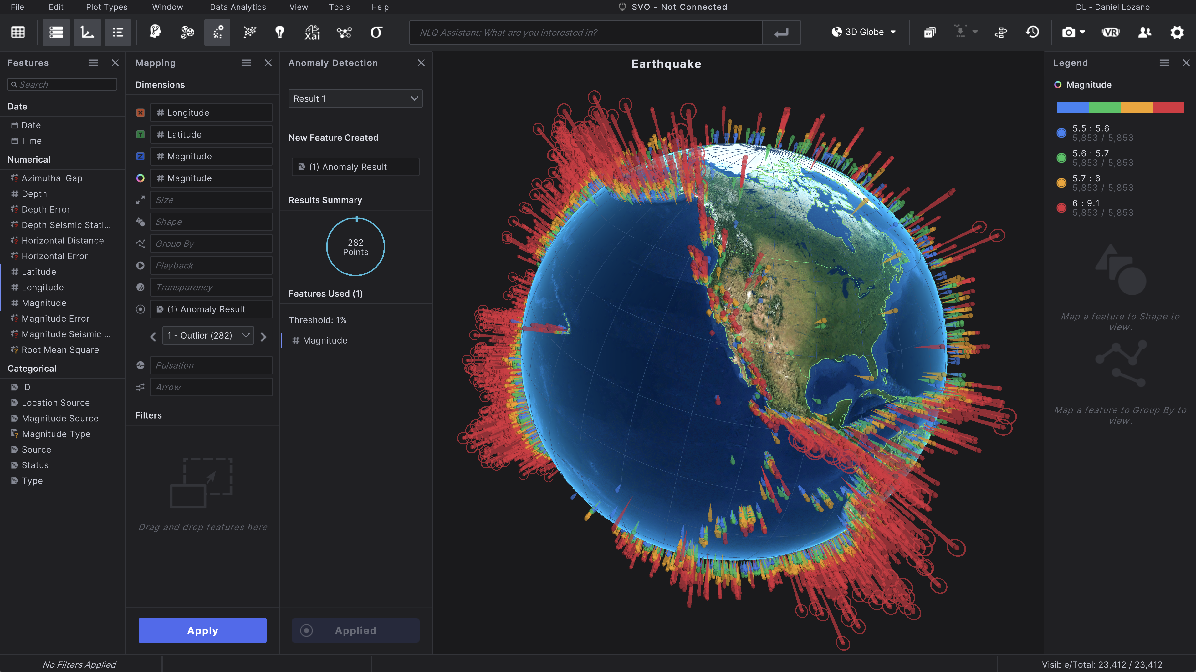 Anomaly Detection with multicolored points identified on a 3D globe