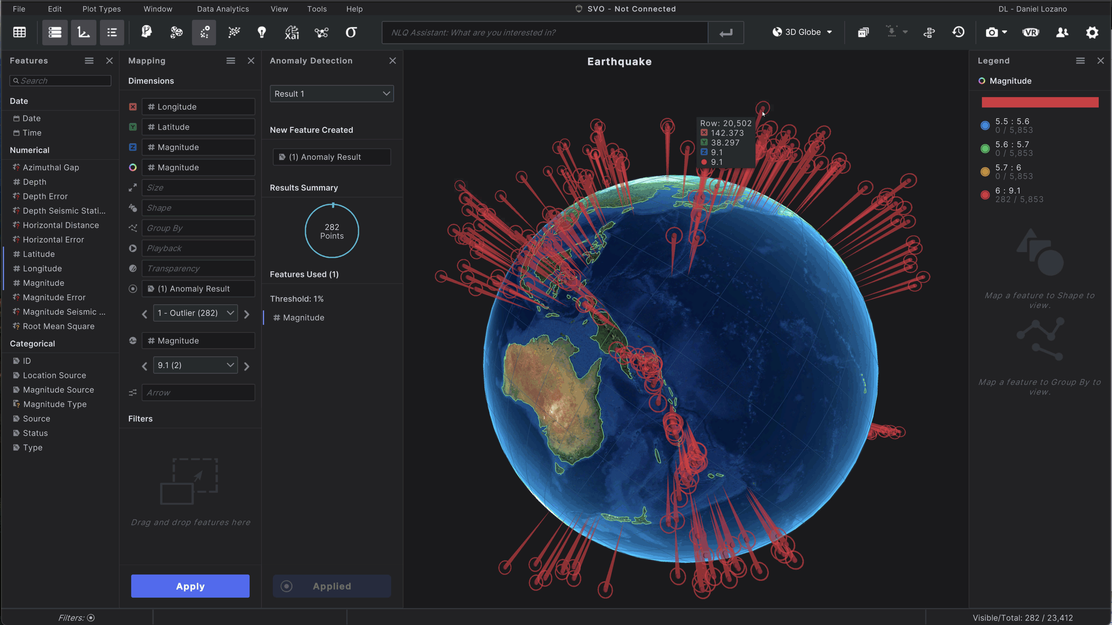 Anomaly Detection with points identified on a 3D globe. The highest-number data points are pulsating.
