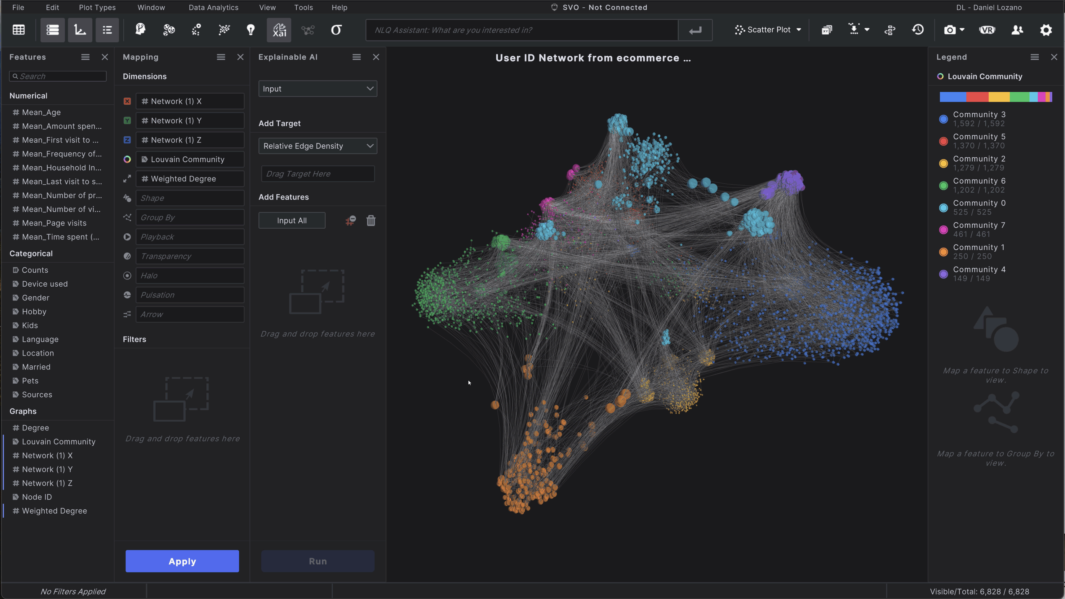 XAI running on a Network Graph in Virtualitics Explore Desktop