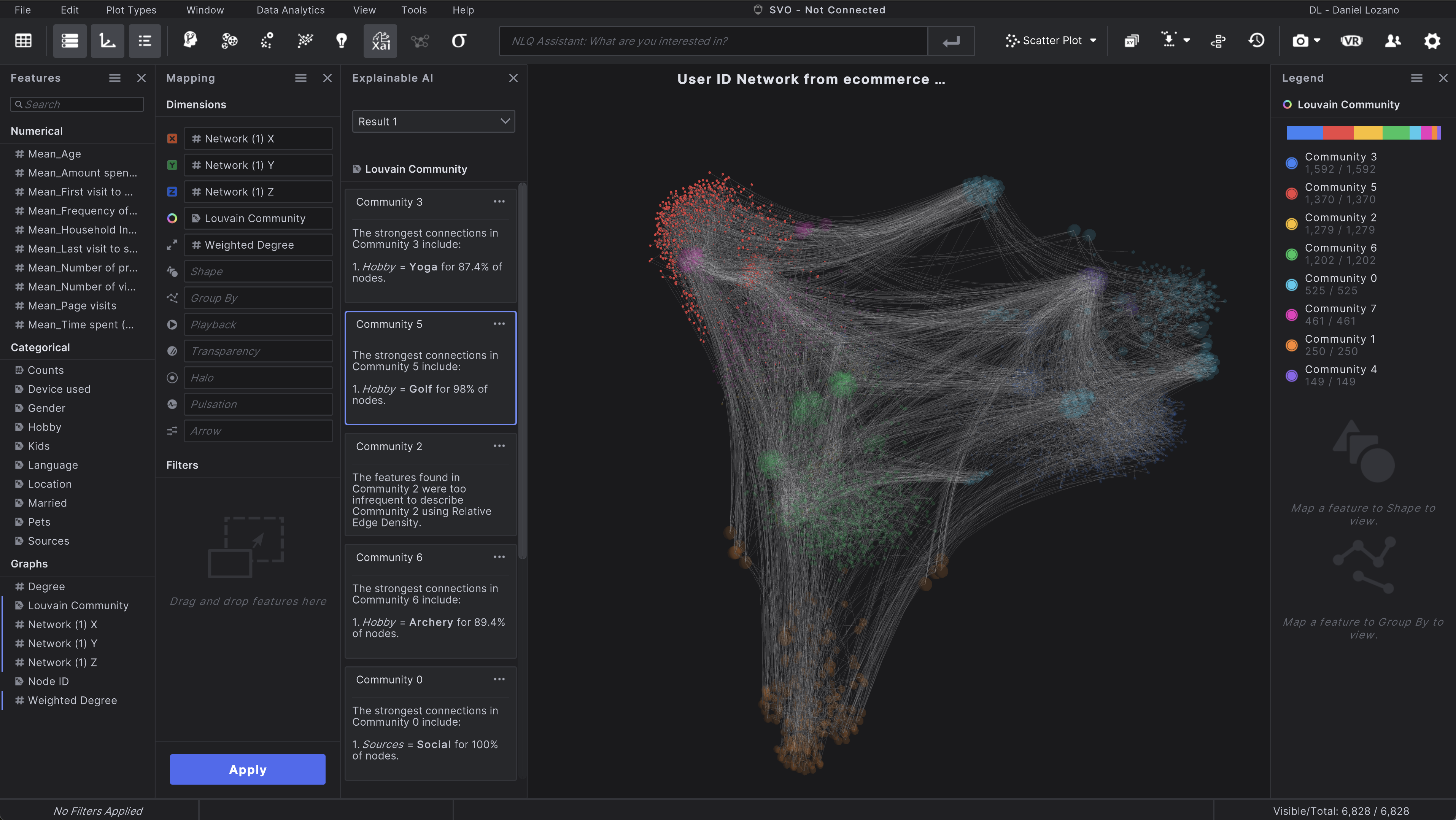 XAI running on a Network Graph in Virtualitics Explore Desktop