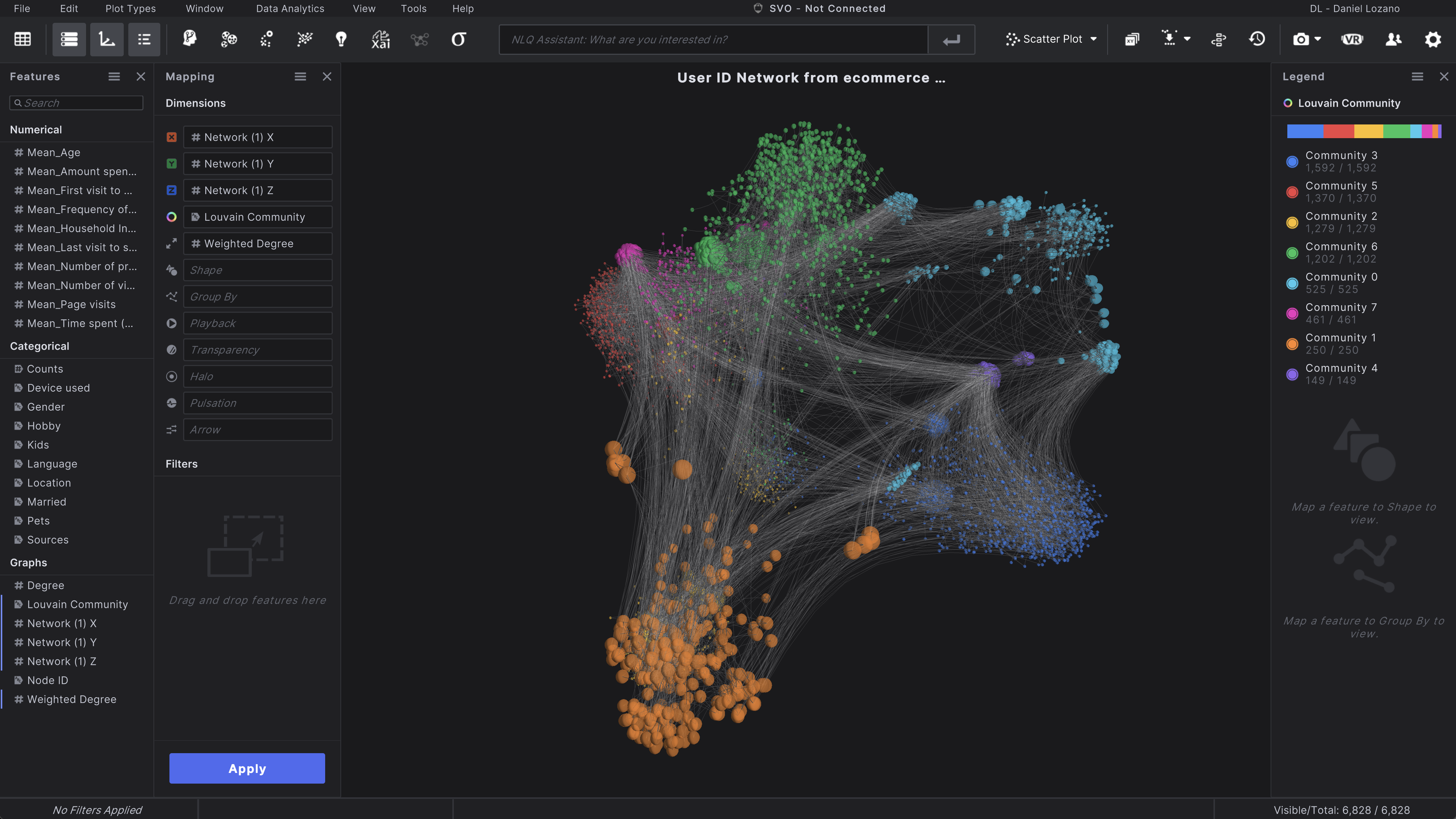 Network Extrator running on Virtualitics Explore Desktop