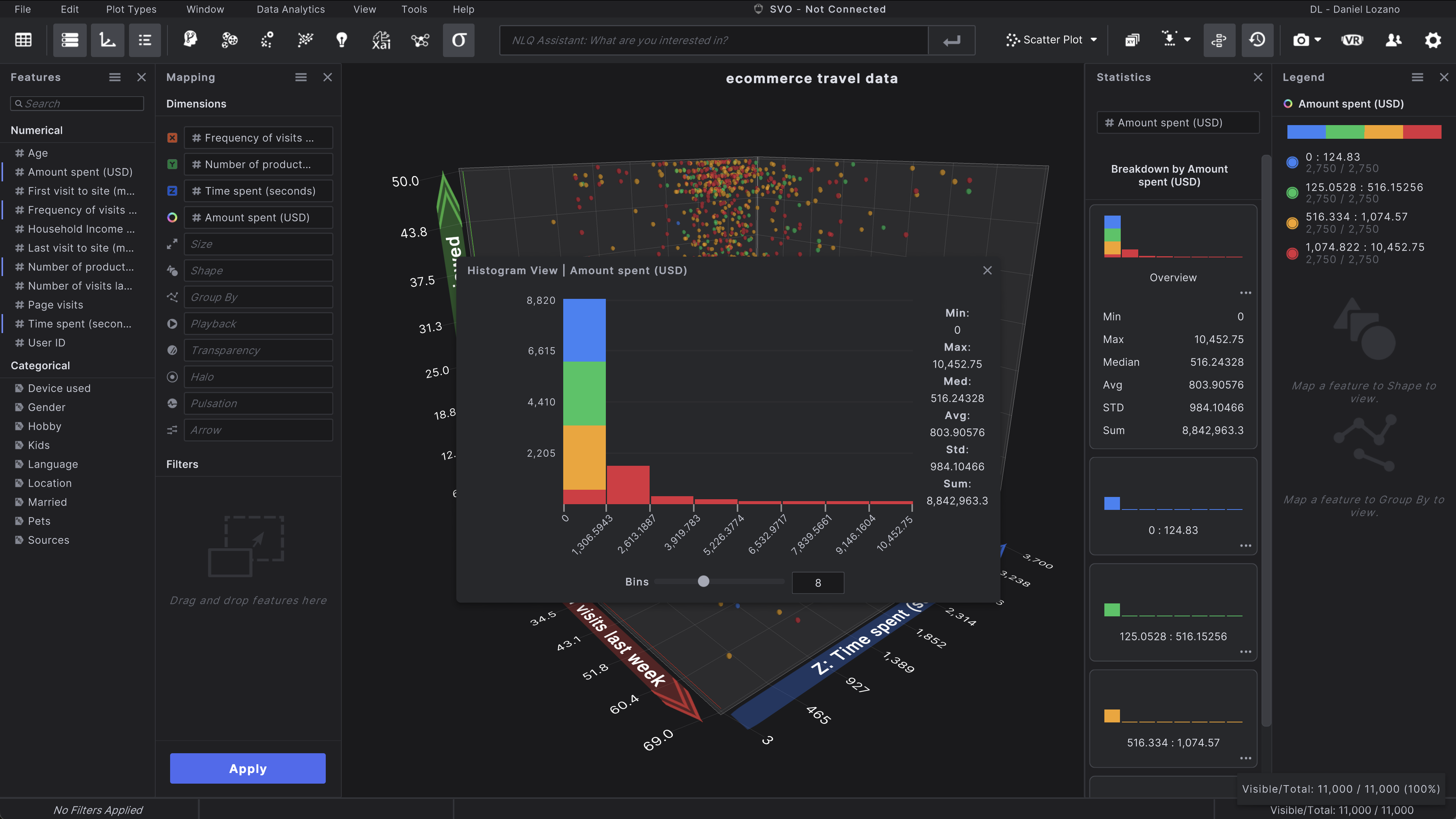 Statistics open on Virtualitics Explore Desktop