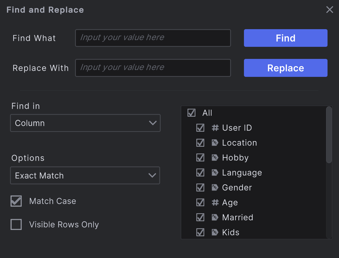 Find and Replace in Virtualitics Explore Desktop