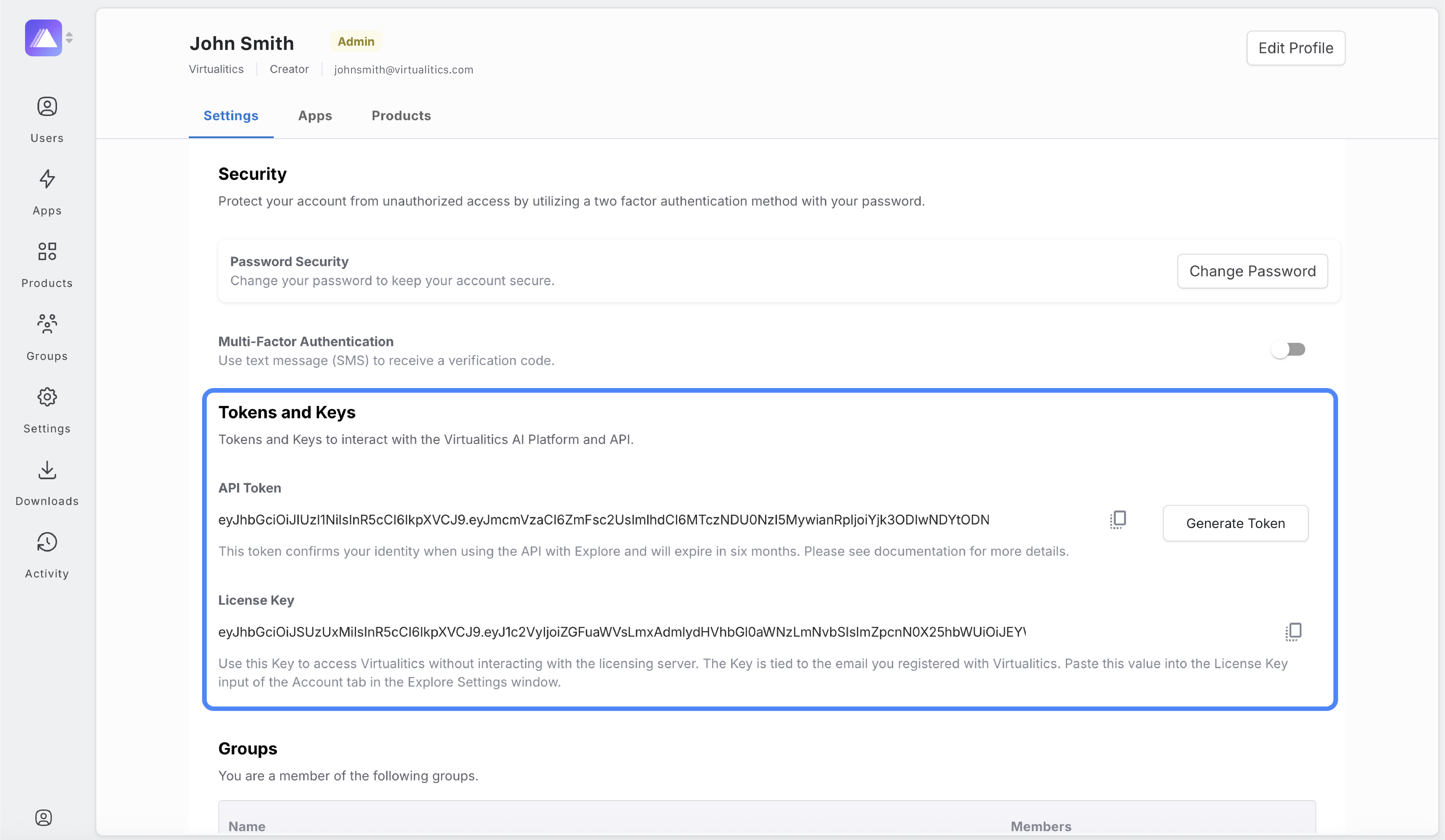 Account Info Screen with Token and Keys